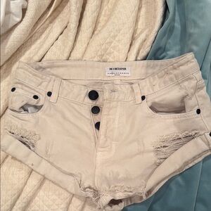 One Teaspoon Cream Distressed Jean Shorts